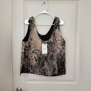 Zara Black and Brown Animal-Print Satin Tank Top